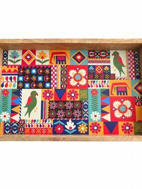 Colorful Wood Serving Tray/Centerpiece 16x10.5" Boho Folk Art Floral Bird Design